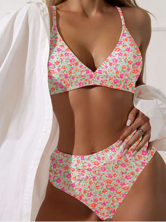 Ensemble bikini multicolore à petites fleurs liens dans le dos années 1950