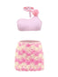 Ensemble bikini dos nu et cache-maillot rose roses 3D années 1960