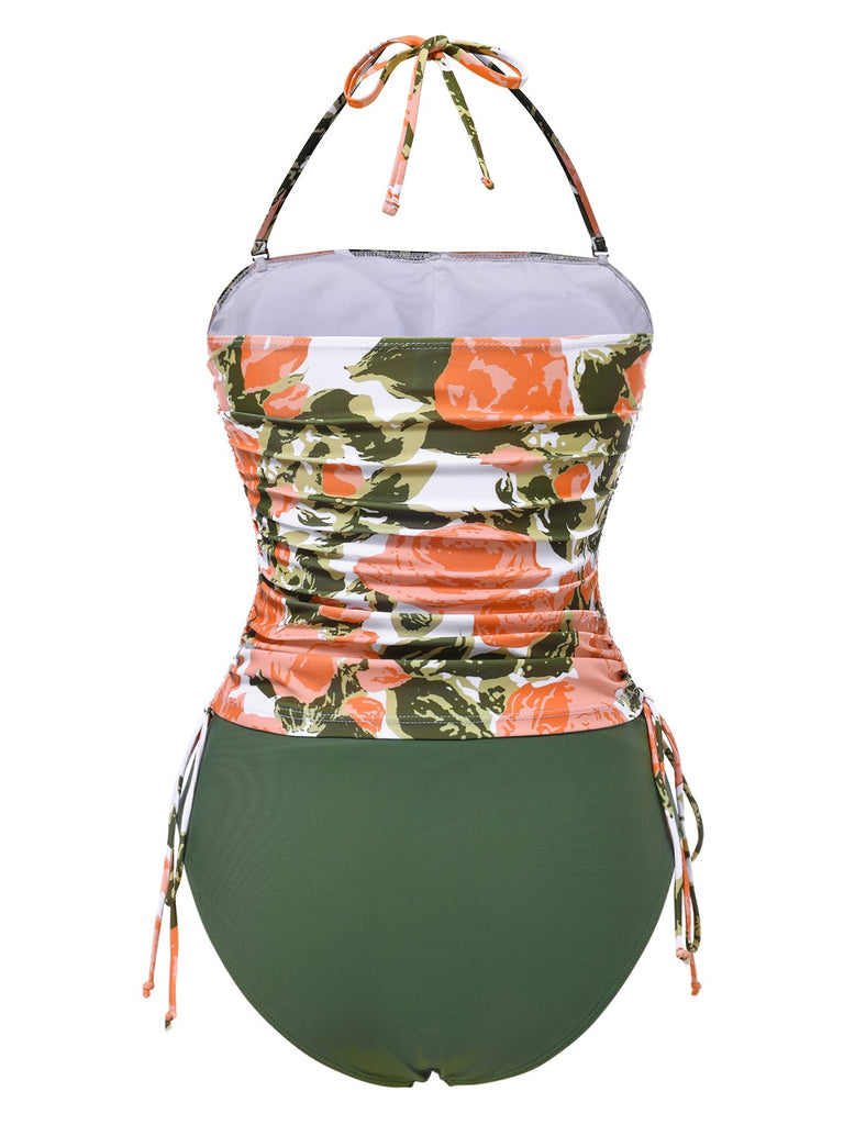 Maillot de bain dos nu à fleurs et cordon de serrage vert des années 1960