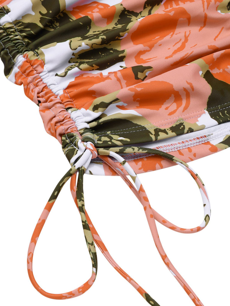 Maillot de bain dos nu à fleurs et cordon de serrage vert des années 1960