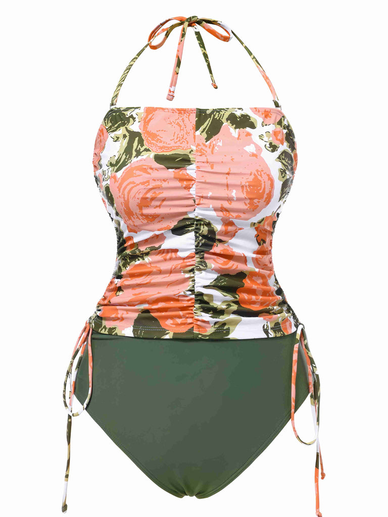 Maillot de bain dos nu à fleurs et cordon de serrage vert des années 1960