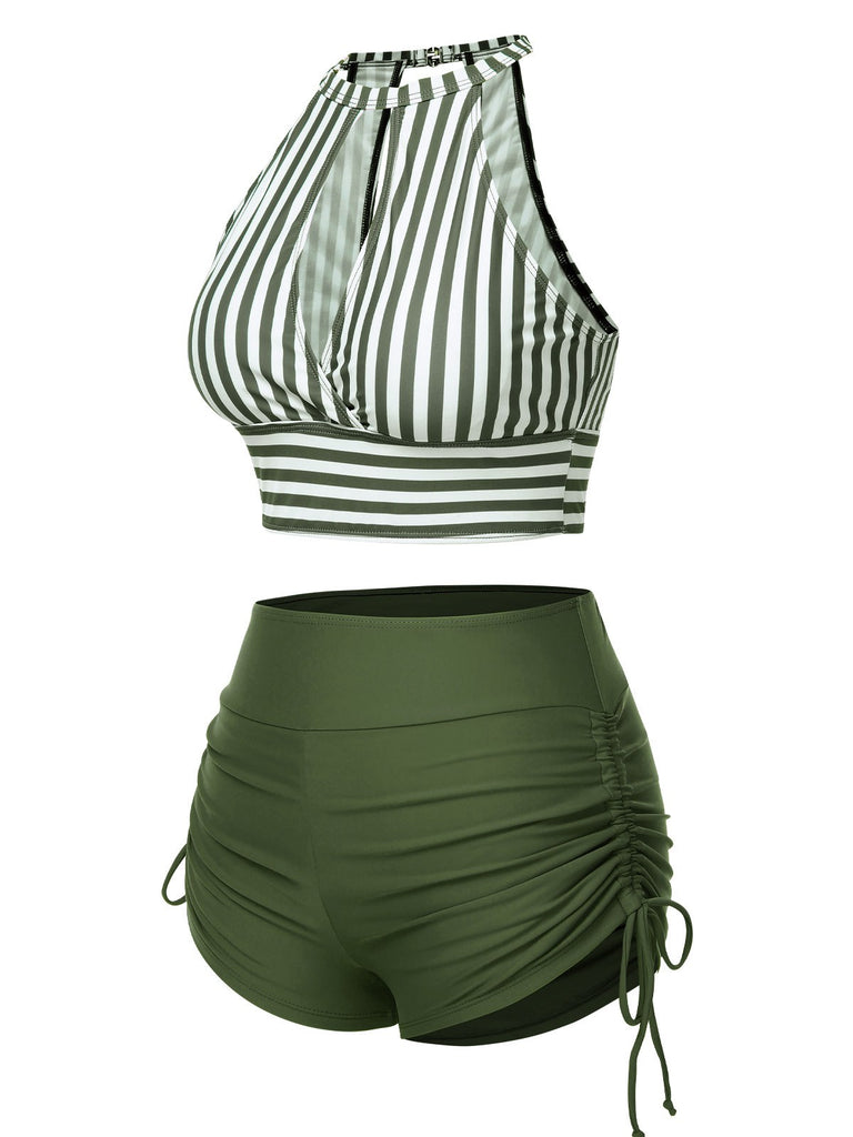 Maillot de bain à rayures creuses col rond des années 1950