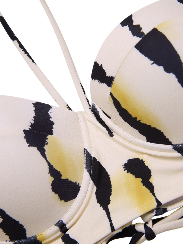 Maillot de bain beige à lacets dans le dos imprimé éclaboussures d'encre années 1950