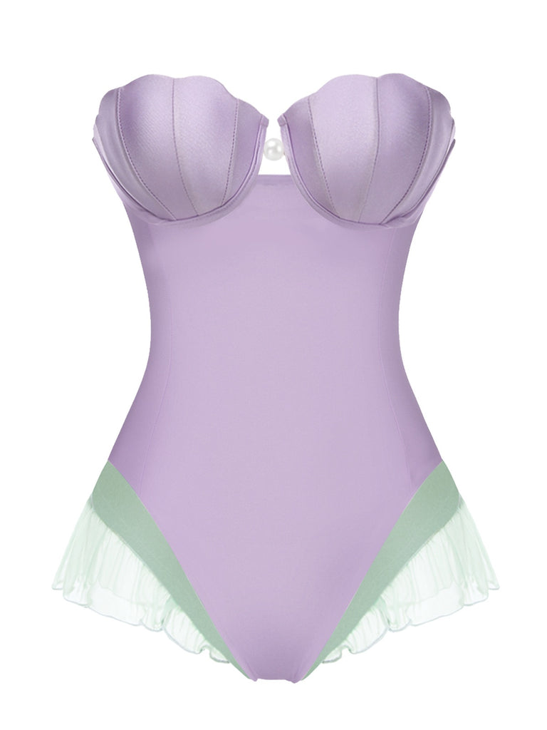 Maillot de bain bandeau sirène coquillage violet des années 1970