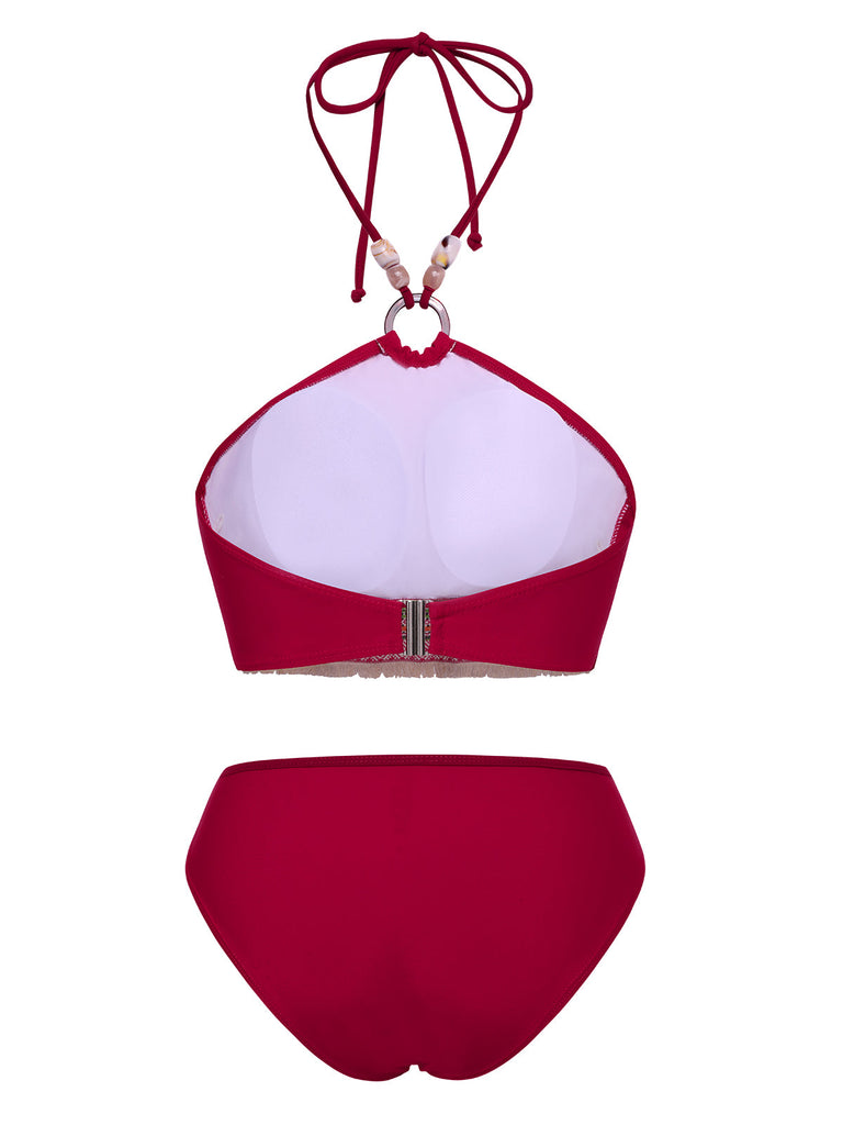 Ensemble bikini dos nu rouge style princesse avec perles des années 1970