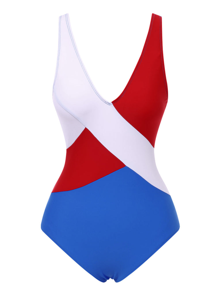 [Prévente] Maillot de bain une pièce colorblock bleu rouge blanc années 1970