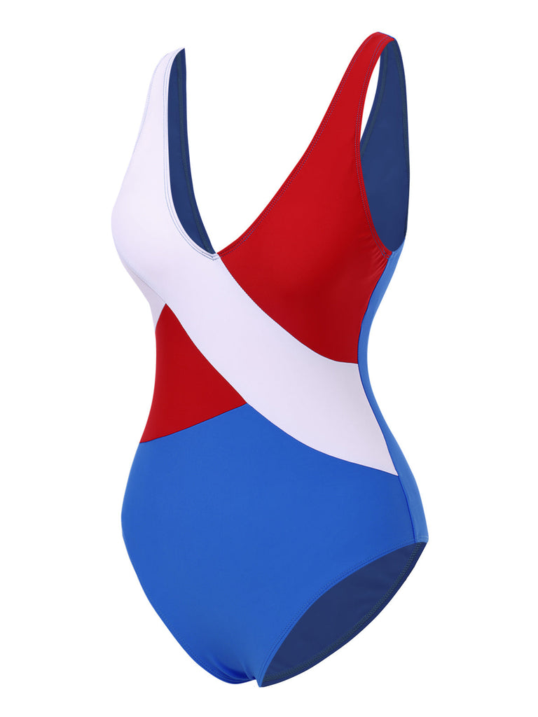 [Prévente] Maillot de bain une pièce colorblock bleu rouge blanc années 1970