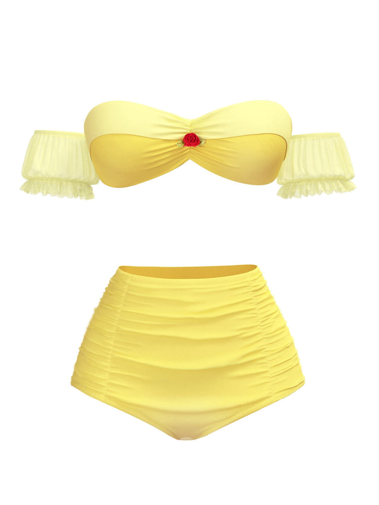 [Prévente] Ensemble bikini bouffant à fleurs Princesse Belle vert clair années 1970