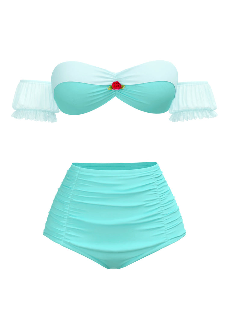 [Prévente] Ensemble bikini bouffant à fleurs Princesse Belle vert clair années 1970