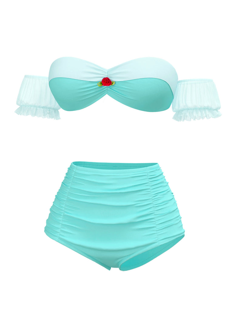[Prévente] Ensemble bikini bouffant à fleurs Princesse Belle vert clair années 1970