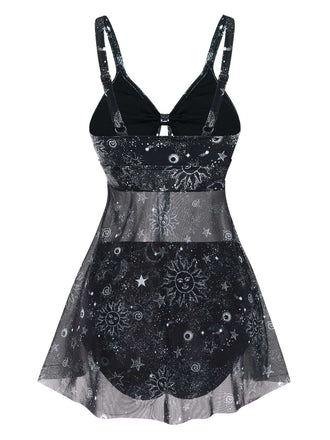 Robe de bain noire en maille creux à motif soleil et lune des années 1930