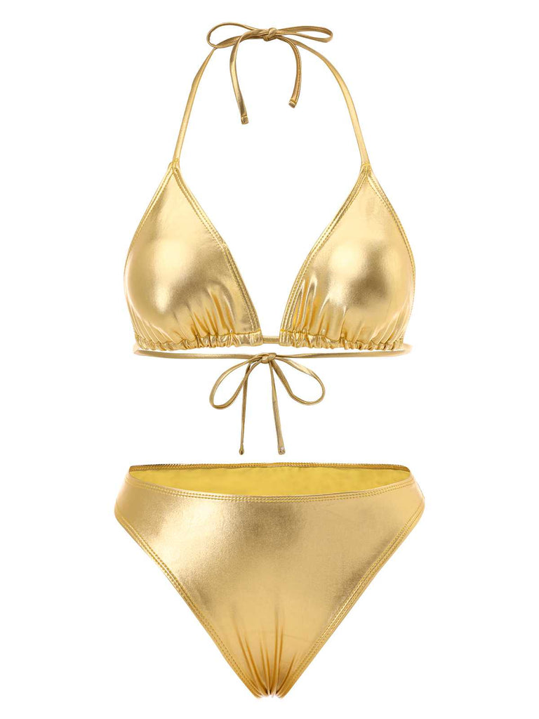Bikini métallisé dos nu et paréo froncé années 1970