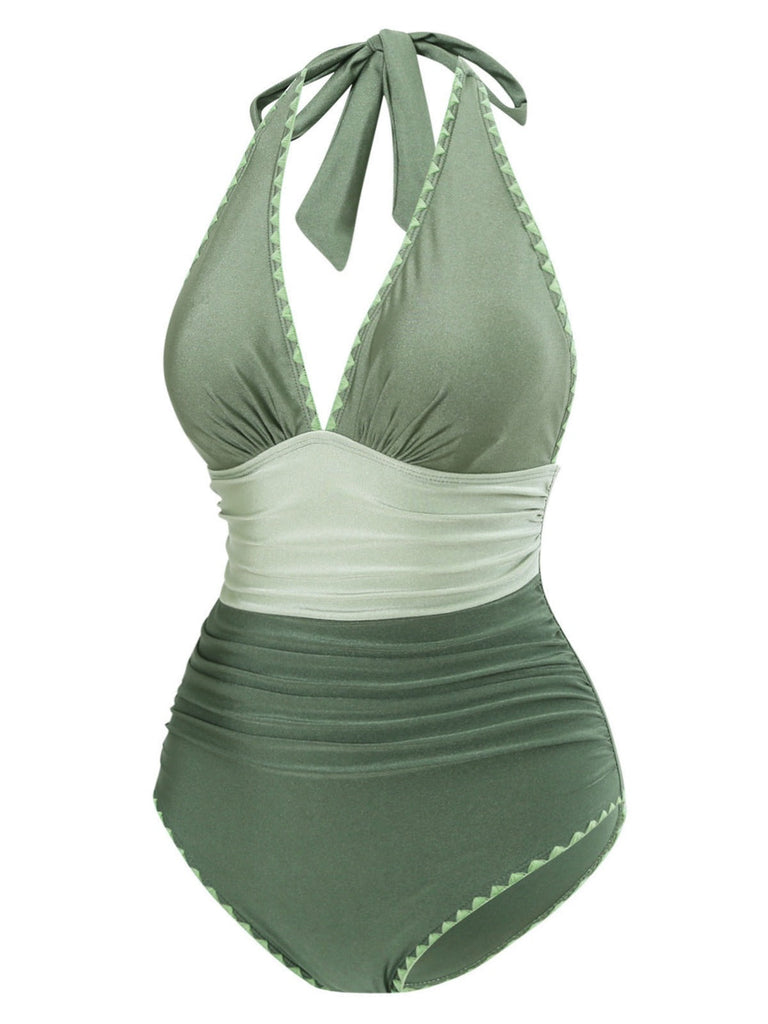 Maillot de bain décolleté dos nu froncé vert des années 1950