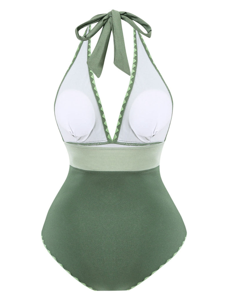 Maillot de bain décolleté dos nu froncé vert des années 1950