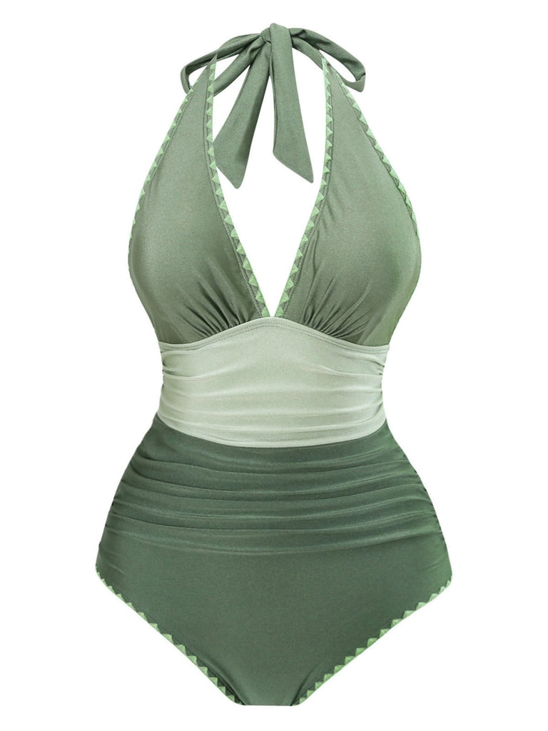 Maillot de bain décolleté dos nu froncé vert des années 1950