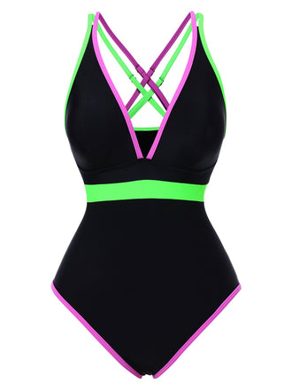 Black 1960s Double Straps Colorblock Binding Swimsuit