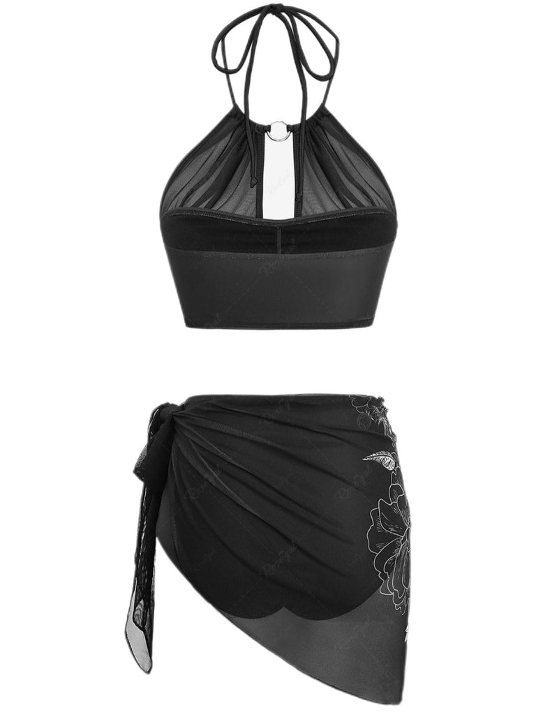 [Prévente] Ensemble bikini noir motif crâne col licou et cache-maillot années 80