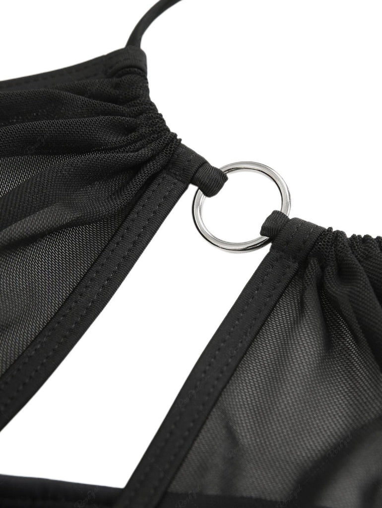 [Prévente] Ensemble bikini noir motif crâne col licou et cache-maillot années 80