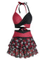 [Prévente] Maillot de bain jupe dos nu noir et rouge motif tête de mort et roses années 1980