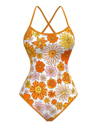 Maillot de bain une pièce orange marguerite à dos croisé années 60