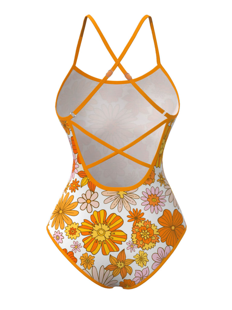 Maillot de bain une pièce orange marguerite à dos croisé années 60