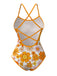 Maillot de bain une pièce orange marguerite à dos croisé années 60