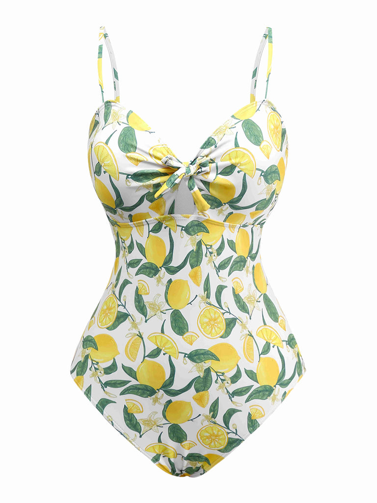 Maillot de bain une pièce citron et nœud jaune années 1950