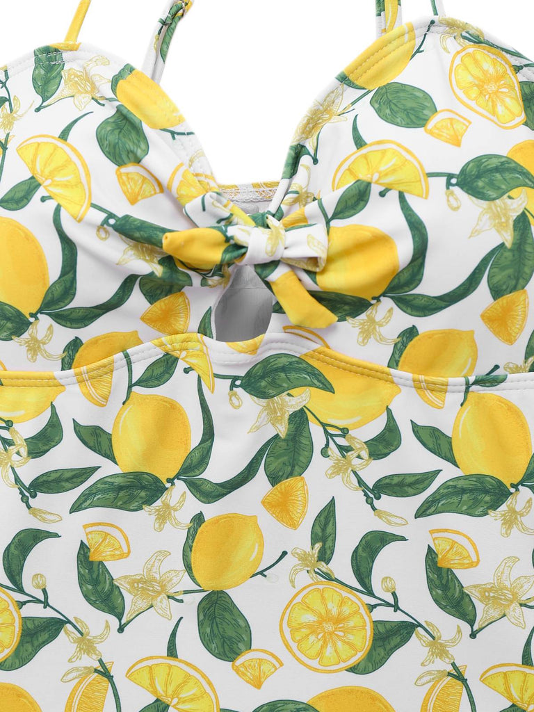 Maillot de bain une pièce citron et nœud jaune années 1950