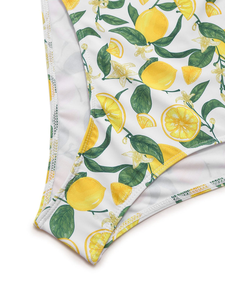 Maillot de bain une pièce citron et nœud jaune années 1950