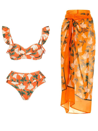 2PCS Ensemble de bikini et cache maillot à fleurs volants orange années 1940