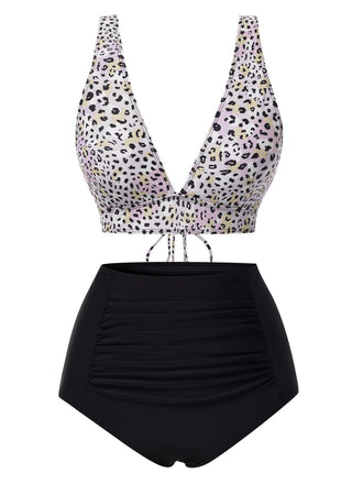 Ensemble bikini à lacets col décolleté V profond léopard patchwork années 1950