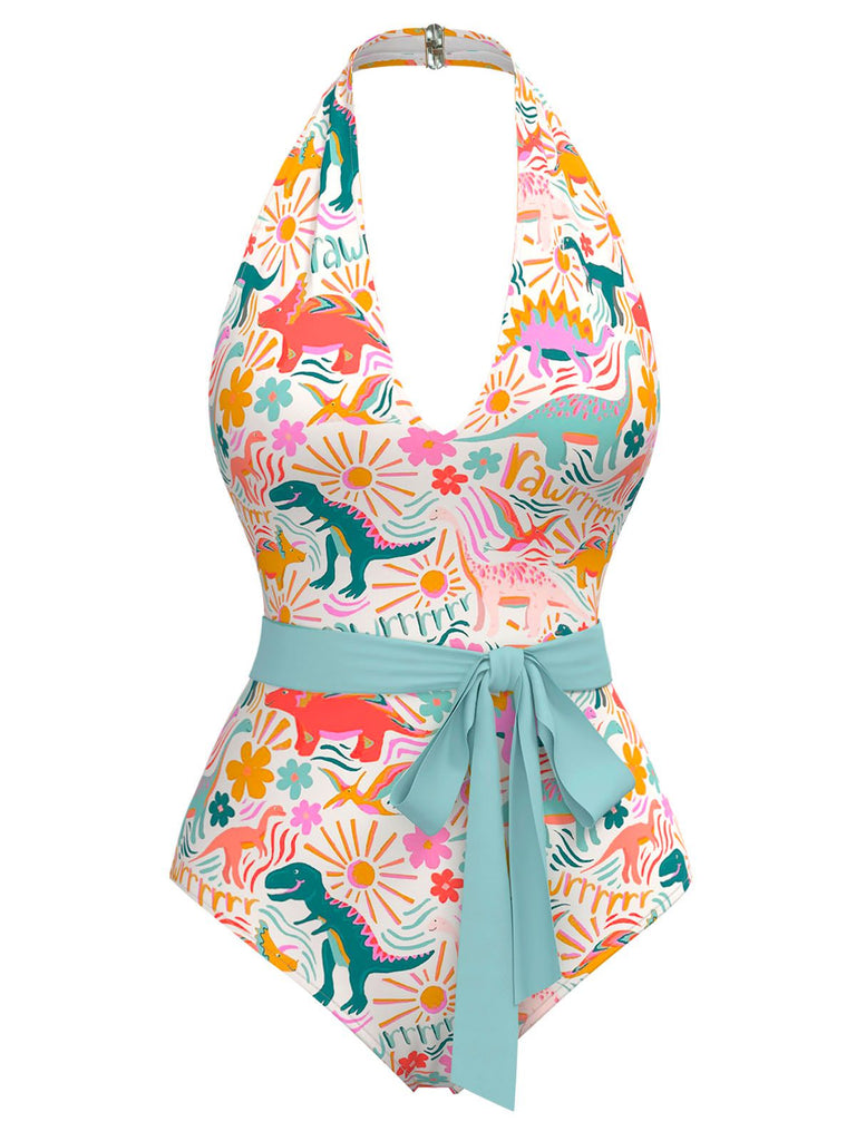 [Prévente] Maillot de bain dos nu multicolore imprimé dinosaures des années 1950