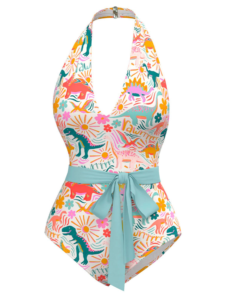 [Prévente] Maillot de bain dos nu multicolore imprimé dinosaures des années 1950