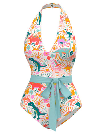 Maillot de bain dos nu multicolore imprimé dinosaures des années 1950