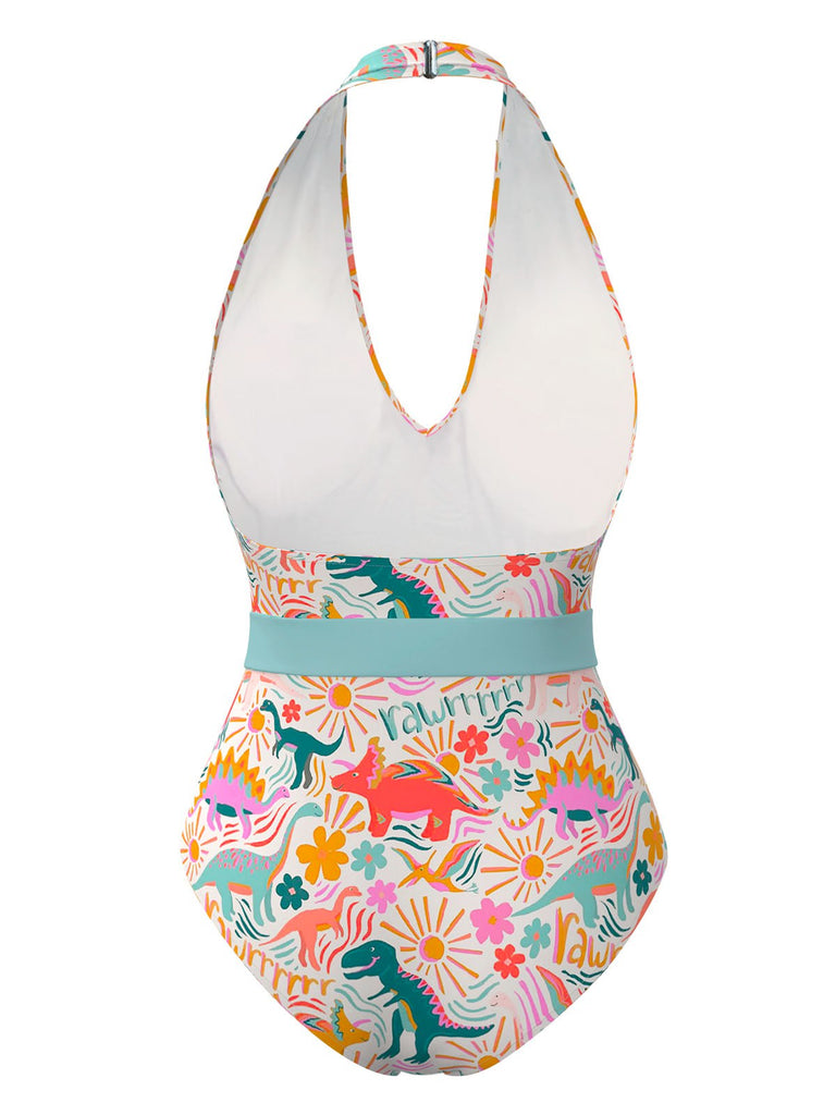 [Prévente] Maillot de bain dos nu multicolore imprimé dinosaures des années 1950