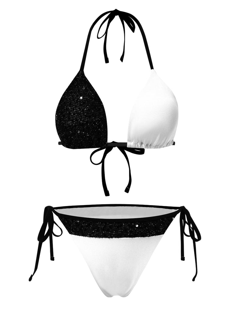 [Prévente] Ensemble de bikini patchwork à paillettes noir et blanc années 1940