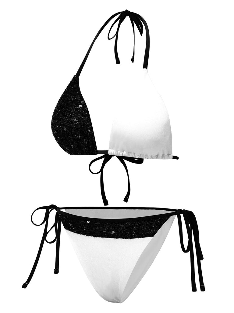 [Prévente] Ensemble de bikini patchwork à paillettes noir et blanc années 1940