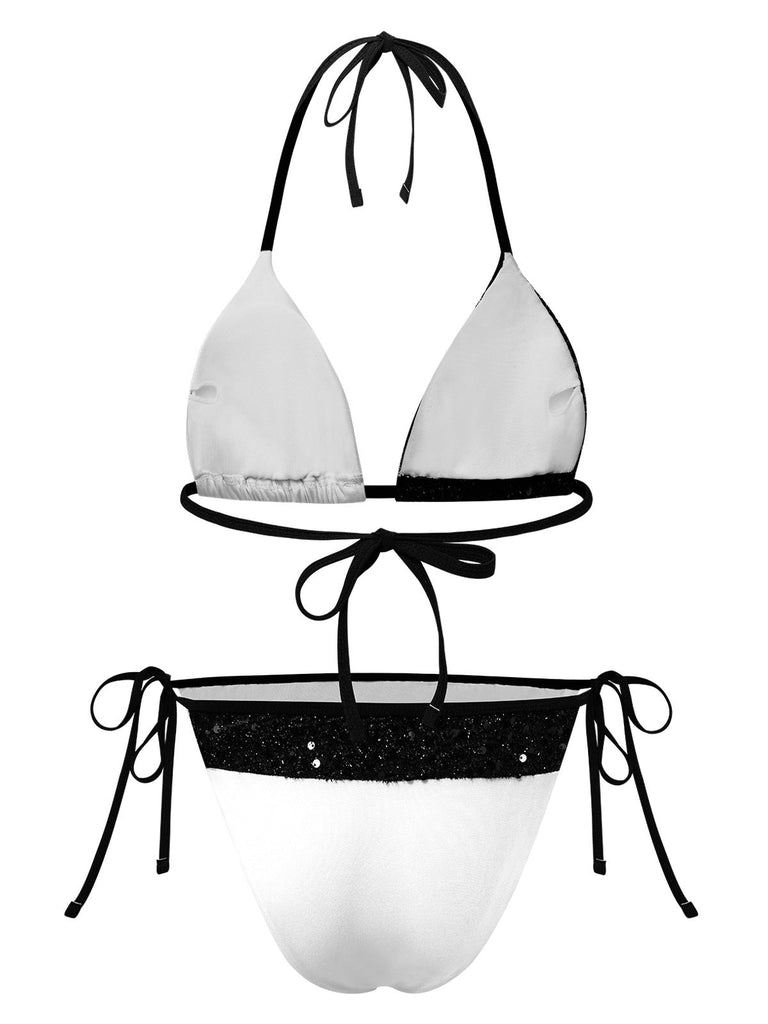[Prévente] Ensemble de bikini patchwork à paillettes noir et blanc années 1940