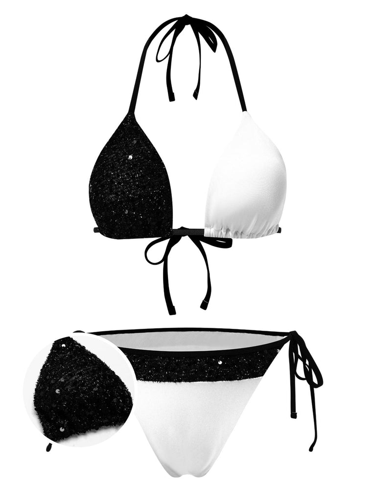 [Prévente] Ensemble de bikini patchwork à paillettes noir et blanc années 1940