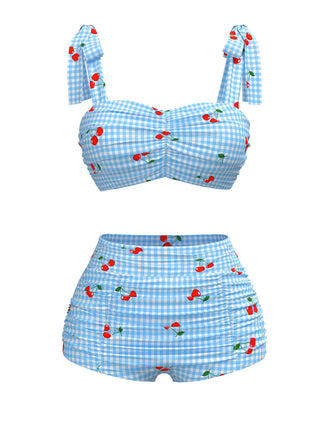 Maillot de bain bleu à lacets à carreaux et cerise des années 1950