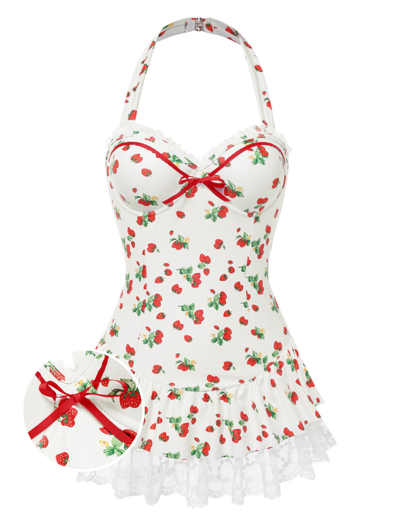 [Pré-vente] Robe de bain à licou fraise en dentelle nœud années 1950
