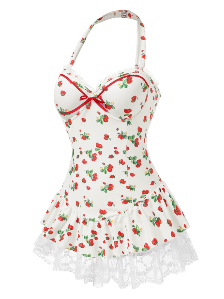 [Pré-vente] Robe de bain à licou fraise en dentelle nœud années 1950