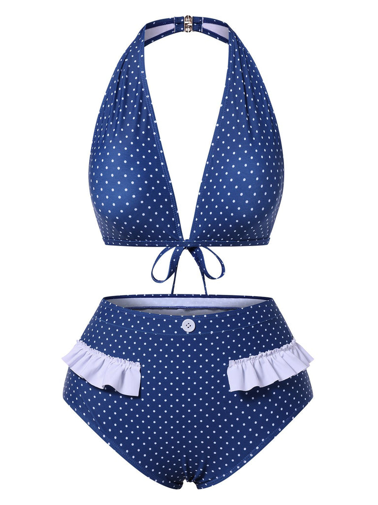 [Prévente] Maillot de bain bleu à pois dos nu volants style années 50