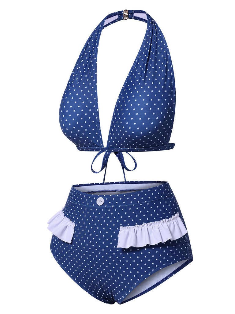 [Prévente] Maillot de bain bleu à pois dos nu volants style années 50