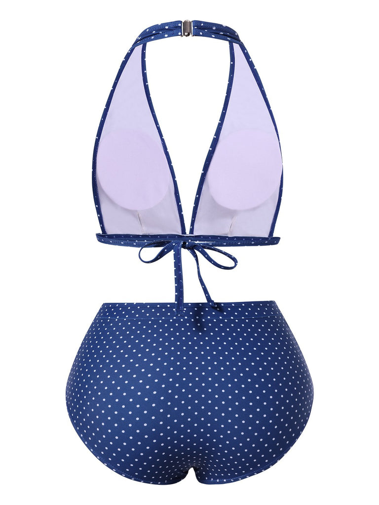 [Prévente] Maillot de bain bleu à pois dos nu volants style années 50