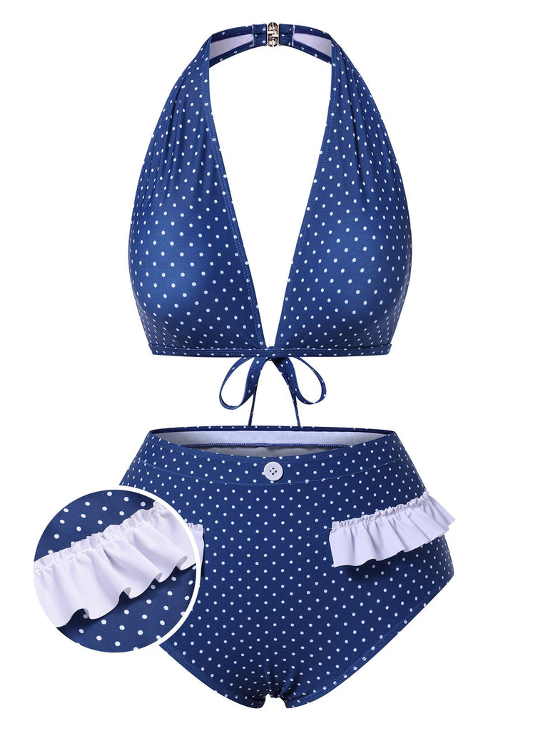 [Prévente] Maillot de bain bleu à pois dos nu volants style années 50