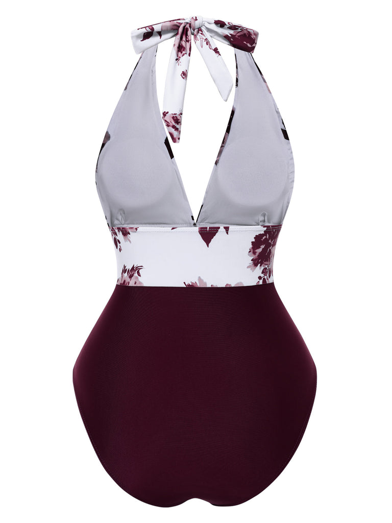 Maillot de bain dos nu col V motif silhouette de feuille des années 1940