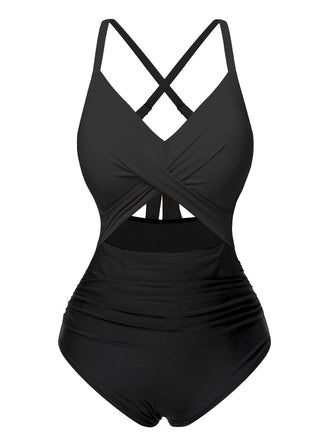 Maillot de bain patchwork taille creuse noir des années 1940