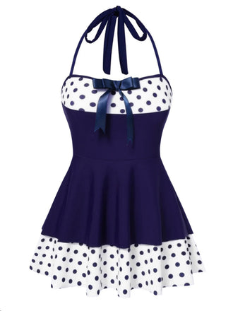 Robe de bain dos nu patchwork à pois bleus années 40