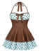 [Prévente] Marron à Pois Patchwork Halter Maillot de Bain à Jupe Années 1940